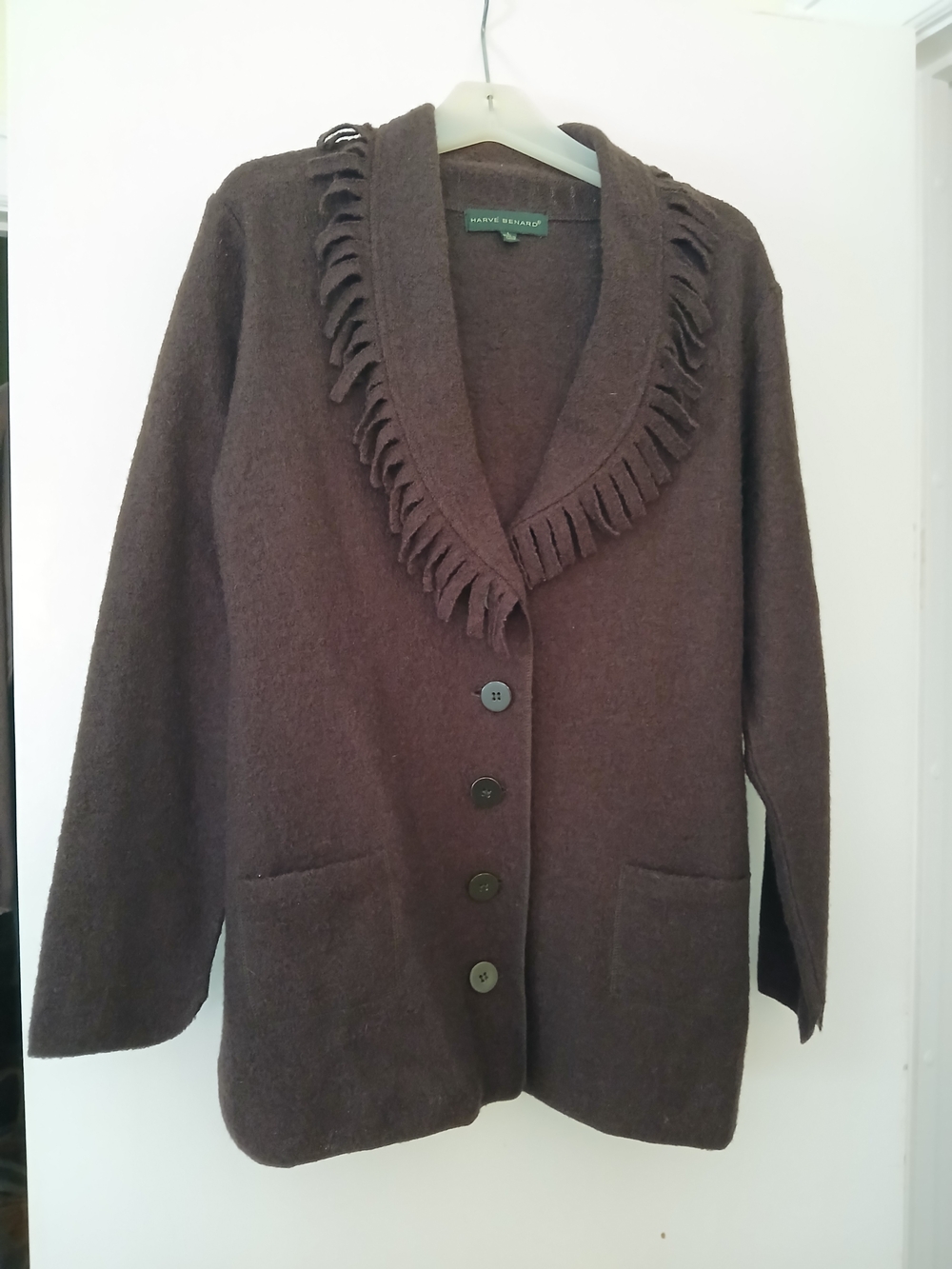 Harve Benard Dark Brown Fringe Shawl-Collar Button Cardigan